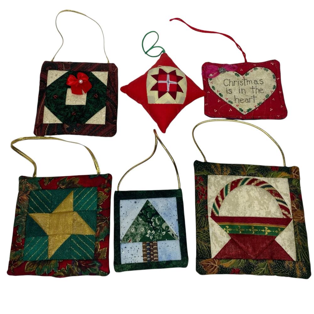Quilted Fabric Christmas Ornaments Lot 6 Vintage Patchwork Homemade Holiday Cozy